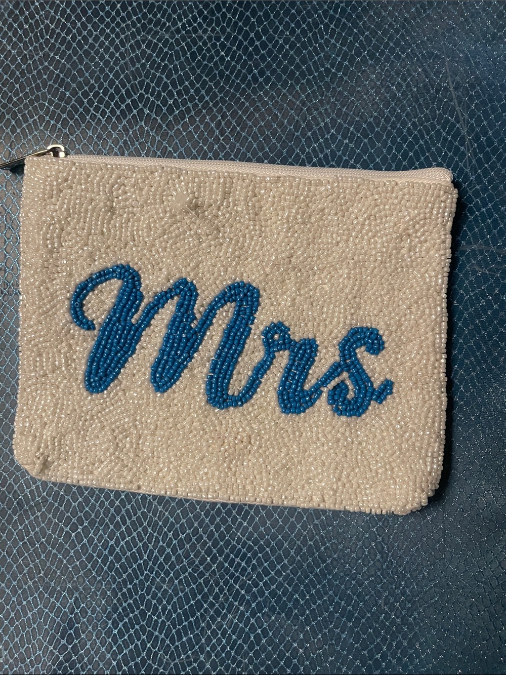 Used but clean.Beaded 'Mrs' Zip Pouch - Cream with Blue Script. Beaded pearls.